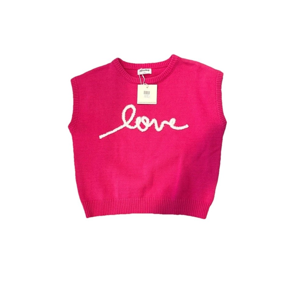 Mittoshop Womens Hot Pink Love Graphic Knit Sweater Vest Crew Neck Small NWT‎